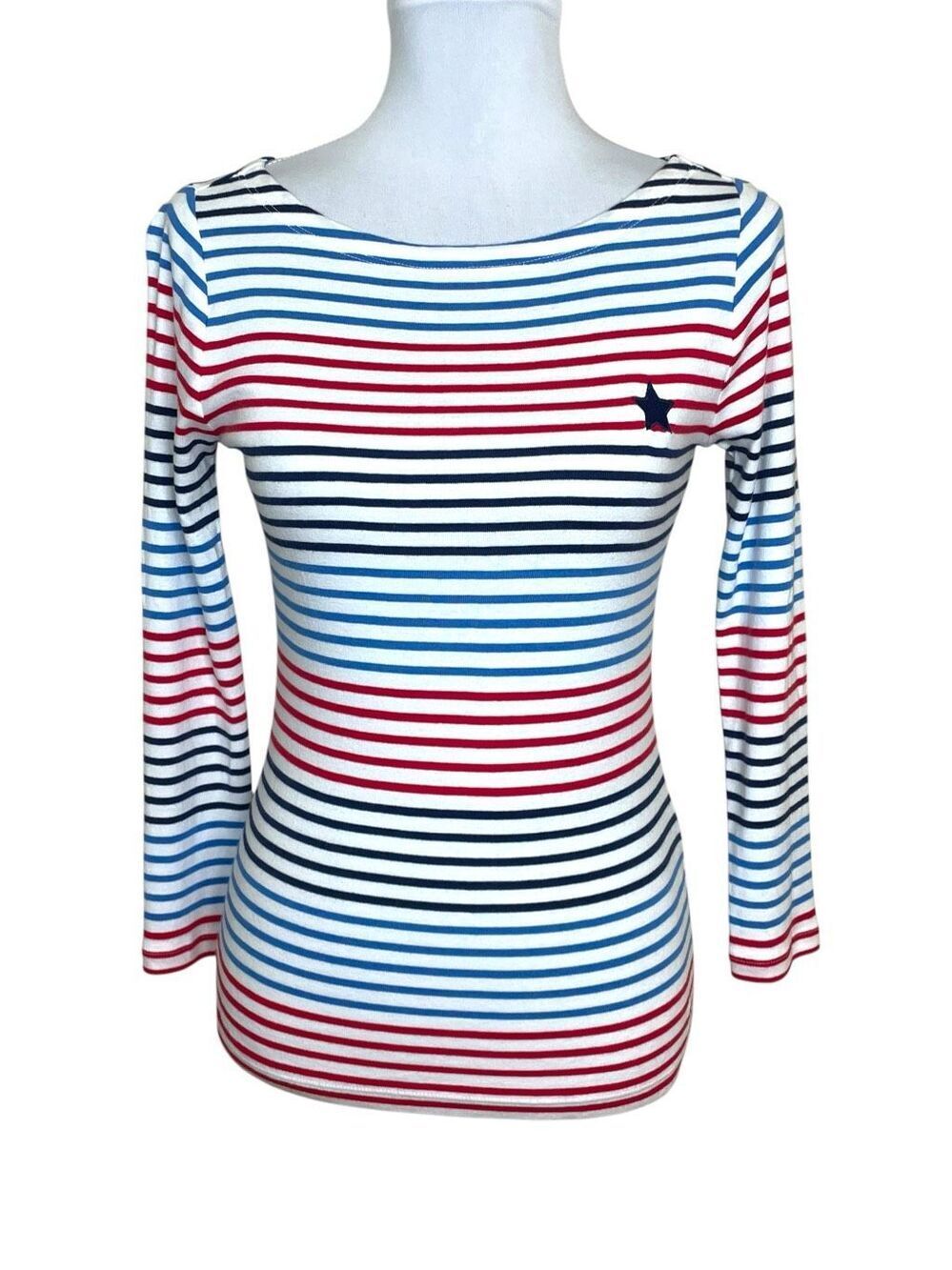 Vinyard Vines Americana Nautical Stripe Boat Neck 3/4 Sleeve T-Shirt Red White a